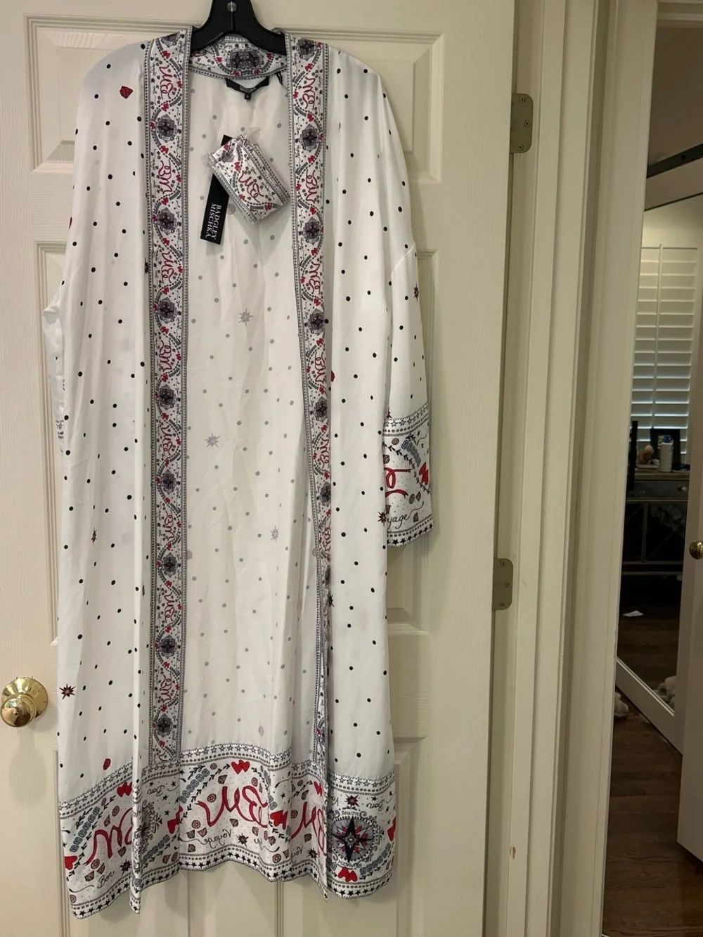 Badgley Mischka White Printed Long Robe with Red & Navy Accents - Picture 2 of 5